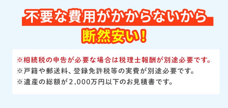 不要な費用がかからないから断然安い!※相続登記、預貯金の相続手続き、株の相続手続き、戸籍収集などに必要な司法書士は別途必要です。※相続税の申告が必要な場合は税理士報酬が別途必要です。※戸籍や郵送料、登録免許税等の実績が別途必要です。※遺産の総額が2,000万円以下のお見積書です。