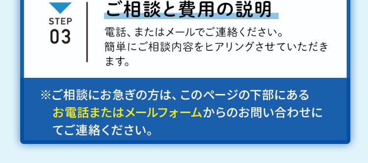ステップ3 ご相談と費用の説明 電話またはメールでご連絡ください。簡単にご相談の内容をヒアリングさせていただきます。※ご相談にお急ぎの方は、このページの下部にあるお電話またはメールフォームからのお問い合わせにてご連絡ください。