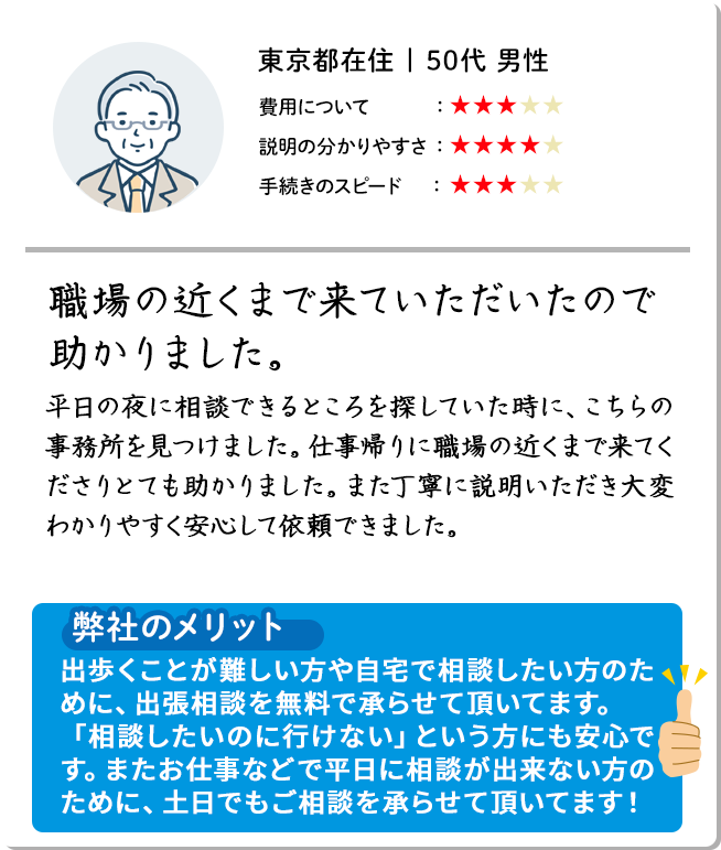 お客様の声3。職場の近くまで来ていただいたので助かりました。平日の夜に相談できるところを探していたところかなこぎ事務所を見つけました。仕事帰りに職場の近くまで来てくださりとても助かりました。出歩くことが難しい場合や自宅で相談したい場合に出張相談を受け付けているということをお伺いしたので、相続の問題に時間を割かれることなく手続きを進めることができて大変助かりました。