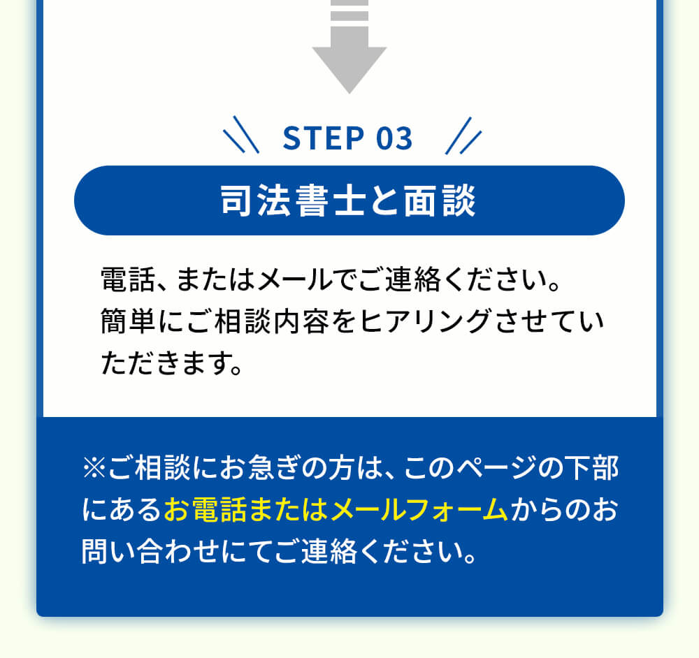 ステップ3 ご相談と費用の説明 電話またはメールでご連絡ください。簡単にご相談の内容をヒアリングさせていただきます。※ご相談にお急ぎの方は、このページの下部にあるお電話またはメールフォームからのお問い合わせにてご連絡ください。